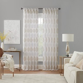 Waverly Velero Embroidered Pinch Pleated Back Tab Sheer Window Curtain for Living Room (1 Panel), 25 in x 95 in, White