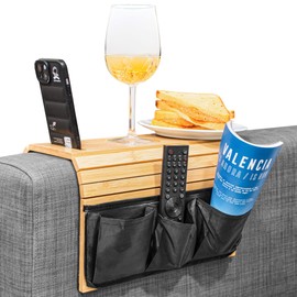 Foldable Bamboo Couch Arm Table With 3 Pockets, Cup Holder, Phone Holder And Sofa Arm Tray - Convenient Couch Arm Tray For Drinks, Snacks, And Remote Holder For Couch