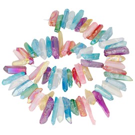 KYEYGWO Titanium Coated Crystal Point Beads Coarse Stone Sticks Spikes Natural Quartz Drilled 15 Inch Strand Loose Beads for Jewellery Making