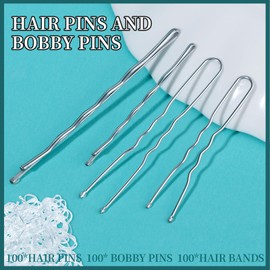 Teenitor 300pcs Silver Bobby Pins Hair Pins Kit, 100pcs Bobby Pins 100pcs Hair Pins for Women, Hair Pins for Buns， 100pcs Hair Bands, Hair Pin 2" 2.36", Silver Bobby Pins for Gray Hair 2" 2.75"