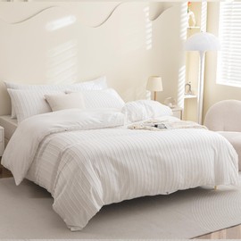 JELLYMONI White Duvet Cover Twin Size - 3PCS Microfiber Tufted Duvet Cover Set, Boho Striped Tufted Textured Duvet Cover with Corner Ties & Zipper Closure