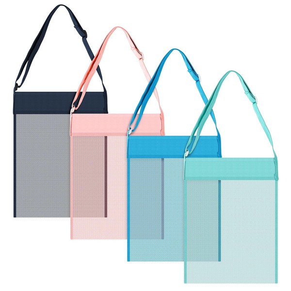 Vinsani Set of 4 [Blue, Green, Navy & Pink] Adjustable Reusable Shoulder Mesh Beach Travel Bags for Adults Teens or Kids