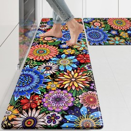 Likiyol Boho Kitchen Rugs, Boho Floral Anti Fatigue Kitchen Mat for Floor, Bohemian Flowers Non Slip Washable Kitchen Floor Mats, Comfort Standing Mat, 18'' x 30'' + 18'' x 60''