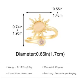 vdwv Gold Sun Open Adjustable Zircon Ring for Women Fashion Sunflower Opal Ring Sunshine Index Finger Ring Stackable Sun Ring for Friends (Gold)