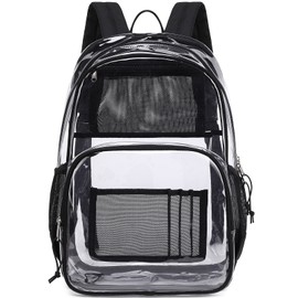 MIRLEWAIY Large Clear Backpack Durable See Through Transparent Book-bag Heavy Duty School Backpack for Kids Stadium Approved Security, Black