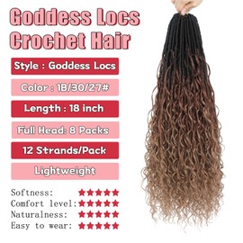XIIMENALU Boho Faux Locs Crochet Hair 8 Packs Goddess Soft Locs with Curly Ends Pre-Looped Bohemian River Locs Crochet Hair Extensions for Black Women (1B/30/27#, 18 Inches (Pack of 8))
