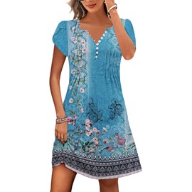 ETCYY Women's Casual Dress Short Sleeve Sundresses Vacation Summer Dresses 2025 Beach Spring A-Line Tshirt Dress with Pockets,Floral Blue,Large