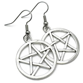 Silver Pentagram Charm Earrings, Spiritual Symbol Circle Charms on Nickel Free Silver Tone Hooks : 45mm long, Pagan Wiccan Pentacle Drop Earrings for Women