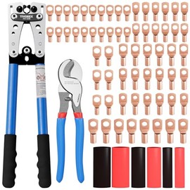 Battery Cable Lug Crimping Tool for AWG 10-1/0 Electrical Lug, with Cable Cutter 64pcs Ring Terminals and 70pcs Heat Shrink Tubing