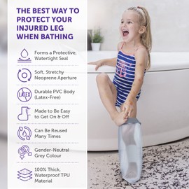 Waterproof Leg Cover Child for Shower & Bath - Reusable Waterproof Kids Cast Protector Leg Sleeve Made With a Soft, Stretchy Neoprene Seal & High Grade PVC Body – Small, 50 cm x 29 cm, Grey