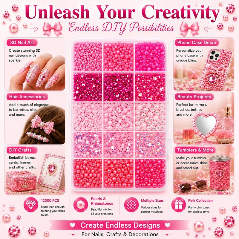 12000 Pcs Bedazzling Kit, Pink Rhinestones, Gems for Bedazzling