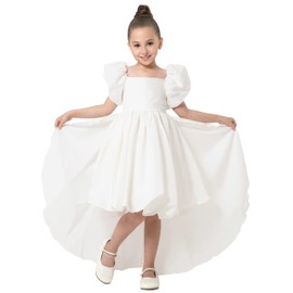 2Bunnies Girl Baby Toddler Puff Sleeve Organza Tulle Tutu Twirly Babydoll Flare Ball Gown Princess Flower Girl Dress (US, Age, 5 Years, 6 Years, White with Train)