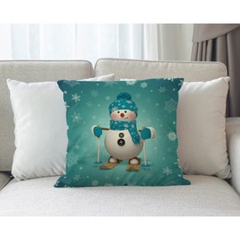 Moslion Snowman Decorative Pillow Case Snowflake Christmas Cute Cartoon Skiing Snowman with Blue Scarf Hat Gloves Throw Pillow Cover 18x18 Inch Square Accent Cotton Linen Home