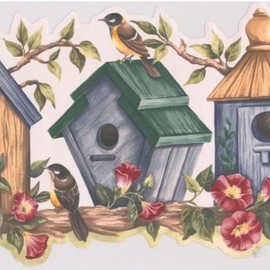 CONCORD WALLCOVERINGS ™ Floral Wallpaper Border Flowers and Bird Houses Design for Living Room and Kitchen, Blue Green Red White, Size 10 in x 15 Ft HH90162B