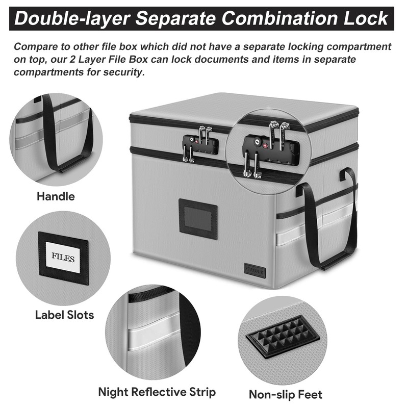 Fireproof Document Box with Lock, 2-Layer File Box Storage Organizer