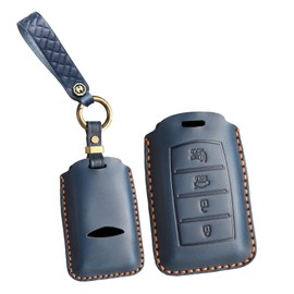 KUNIO Cowhide Leather Car Key Fob Cover Fit for Hyundai Genesis G70 2019-2021 G80 2017-2020 G90 Key Protective Cover Keychain Key Holder Key Cover 3 Button Blue Birthday Gift,Father's Day Gifts Blue
