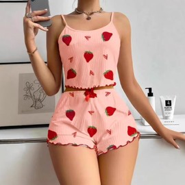Fruit Print Short Pajama Set for Women 2 Pieces Cute Sleepwear Set Sleeveless Nightwear PJ Set Casual Short Sleeve Tops Lounge Outfit Homewear S-XL (UK, Alpha, S, Regular, Regular, Pink-Strawberry)