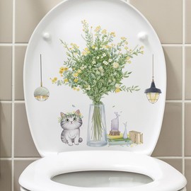 Buer Homie Wall Decals, Cat and Potted Flowers Pattern Stickers for Toilet