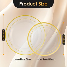 Lullaby 200PCS Clear Plastic Plate with Gold Rim, Includes 100pcs Dinner Plates 10” and 100pcs Dessert Plates 7”, Disposable Elegant Plate for Birthdays, Parties Weddings and Daily Use