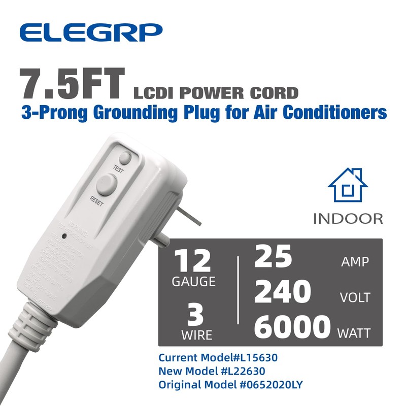 ELEGRP L15630 12AWG Gray LCDI Power Cord Plug for A/C