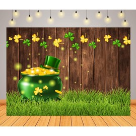 CORFOTO 5x4ft Fabric St. Patrick's Day Backdrop Green Gold Coin Pot Green Grass Backdrop Lucky Irish Shamrock Board Photography Backdrop Party Decor Banner Photo Booth Prop