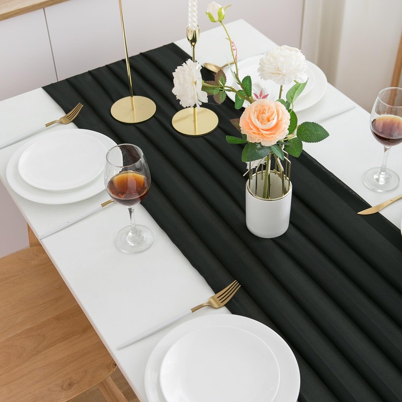 CHUQING Black Chiffon Table Runner 27x120 Inches Wedding Tablecloth Sheer