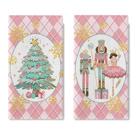 Croar Pink Christmas Tree Nutcracker Kitchen Dish Towels Set of 2, Xmas Gold Snowflake Drying Hand Towel Baking Cooking Cloth, Winter Holiday Diamonds Bathroom Home Decoration 18 x 26 Inches