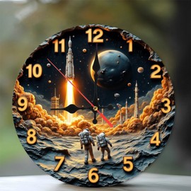 Space Rocket Launch Astronauts Moon Clock Wall Art 10-Inch Wooden Wall Clock, Silent Movement, Battery Operated (AA Batteries Not Included), Artistic Home Decor, Perfect for Home Accents