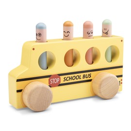 Woet Wooden Pop-Up School Bus – FSC Pretend Play Toy with Spring Figures for Toddlers 24 Months+ – Educational Push Vehicle – Gift for Boys and Girls, Motor Skills Toy