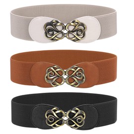 WERFORU 3 Pack Ladies Wide Stretch Belts Vintage Thick Elastic Waist Belts for Dress, Black+Brown+Beige, Fit Waist Size 28"-35"