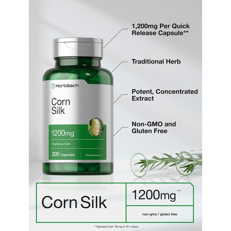 Horbäach Corn Silk Capsules 1200mg | 200 Count | Non-GMO,