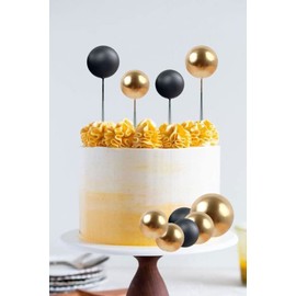 Keaziu Paquete de 36 adornos para magdalenas, bolas de perlas para tartas, decoración para tartas, bola de espuma, palillos para cupcakes, mini globo para boda, baby shower, aniversario, fiesta de cumpleaños, suministros dorado y negro