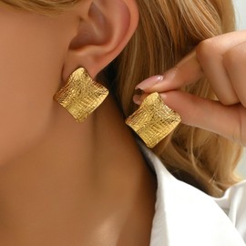 NONAMOIS Irregular Stud Earrings for Women 18K Gold Plated Geometric Hammered Stud Earring Vintage Gold Statement Earrings Trendy Party Jewelry