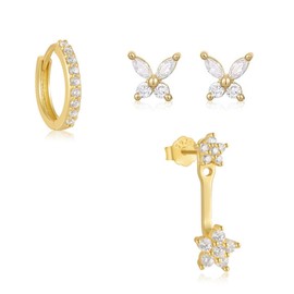 SSKHE Set of 3 Earrings, 925 Silver, Small Stud Earrings and Hoop Earrings for Women, Zirconia Earrings, Silver Set for Multiple Piercings, Ideal for Weddings, Birthdays and Gifts, Silver