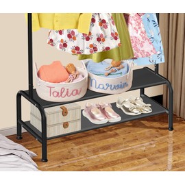 Kids Clothing Rack - Kids Dress Up Clothes Storage Racks - Baby Toddler Clothes Rack - Small Kids Costume Wardrobe Rack with 2 Fabric Floors Storage Shelf - Mini Short Kids Clothing Garment Rack