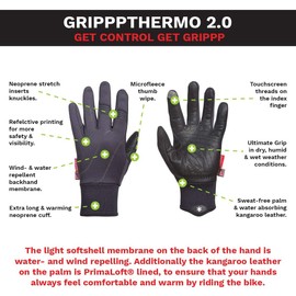 HIRZL Grippp Thermo 2.0 Winter Bike Gloves, Leather| Black, Full Finger| Breathable, Wind & Water Shield| Anti-Slip (M/8 (Men S/Ladies L)