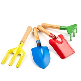 5 Piece 8" Kids Gardening Tools, Made of Metal with Sturdy Wooden Handle, Safe Beach Sandbox Toy Gardening Equipment Spoon, Fork, Trowel, Rake & Shovel for Children