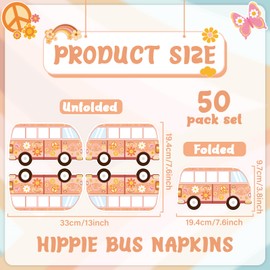 50Pcs Groovy Paper Napkins Hippie Party Decorations Boho Daisy Flower Disposable Cocktail Lunch Dinner Napkins Retro Bus Rainbow Party Decorative Hand Towel Supplies for Baby Shower Birthday Favors