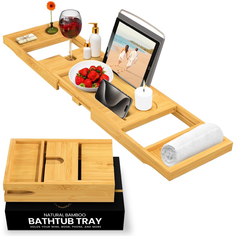 Wooden Bathtub Tray - Foldable Expandable Bamboo Bath Tray for