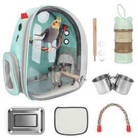 Rypet Bird Carrier Backpack Parrot Portable Breathable Bag Pet Bird Lightweight Travel Cage with Standing Perch and Stainless Steel Tray（Mint Green）