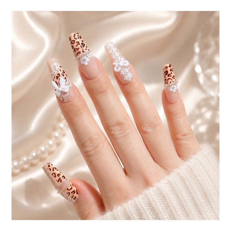 Hime Gyaru Leopard Handmade Nail Tips - Oval S /