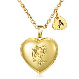 YOUFENG Heart Letter Unicorn Locket Necklace Initial Locket that Holds Pictures 18K Gold Plated Locket Birthday Gifts A