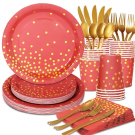 Gudvilla 168PCS Red and Gold Party Decorations Red Plates and Napkins Party Supplies Serve 24 Guests Red and Gold Paper Plates for Red Birthday Chinese New Year Valentines Graduation Party Decorations