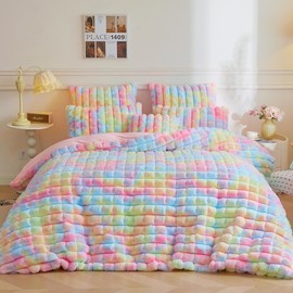2 PCS Fluffy Bubble Faux Rabbit Fur Duvet Cover Set Twin Size, Rainbow