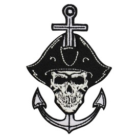 Biker Patch, Pirate Skull Black, Racing Patch Embroidered Iron on Sew on Patch Badge for Clothes etc. 10x7 cm