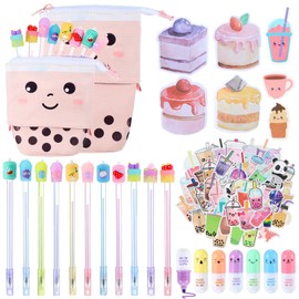 Sabary 228 Pcs Kawaii Stationary Set Include Telescopic Pencil Pouch Case Bag Gel Ink Pen Sticky Note Bubble Tea Sticker Pill Highlighter Stationary Cute School Supplies for Christmas(Vivid)