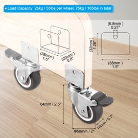 PATIKIL 4pcs 50mm Swivel Caster Wheels 20mm U-B with Racket Replacement Mute Swivel Wheel with Brake 165lbs Total Load for Cabinet Furniture Table