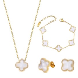 MOSTEDE Four-leaf Clover Jewellery Set 18k Four Leaf Clover Necklace Earrings Bracelet Minimalist Four Leaf Clover Pendant Jewellery Set for Women and Girls, White Gold