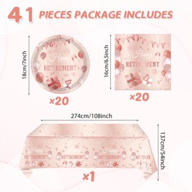 41Pcs Rose Gold Retirement Party Decorations, Retirement Party Tableware for Women Happy Retirement Paper Plates Napkins and Tablecloth, Pink Retired Dinnerware Retirement Party Supplies