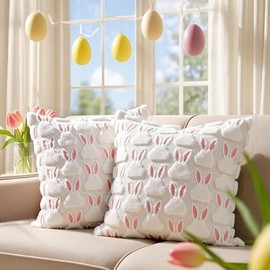 Easter Pillow Covers 18x18 Set of 2 – Pink Ears White Rabbit Soft Plush Faux Fur Cushion Covers with Hidden Zipper – Easter Decorations for Home, Spring Pillow Cover for Bedroom Sofa